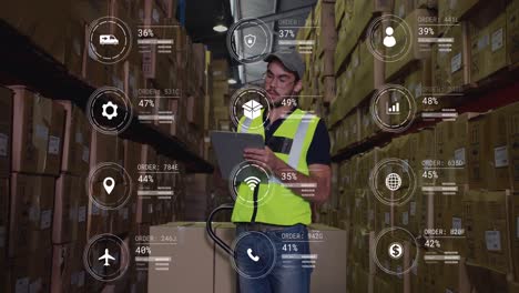 animation of icons with data processing over caucasian male worker taking notes in warehouse