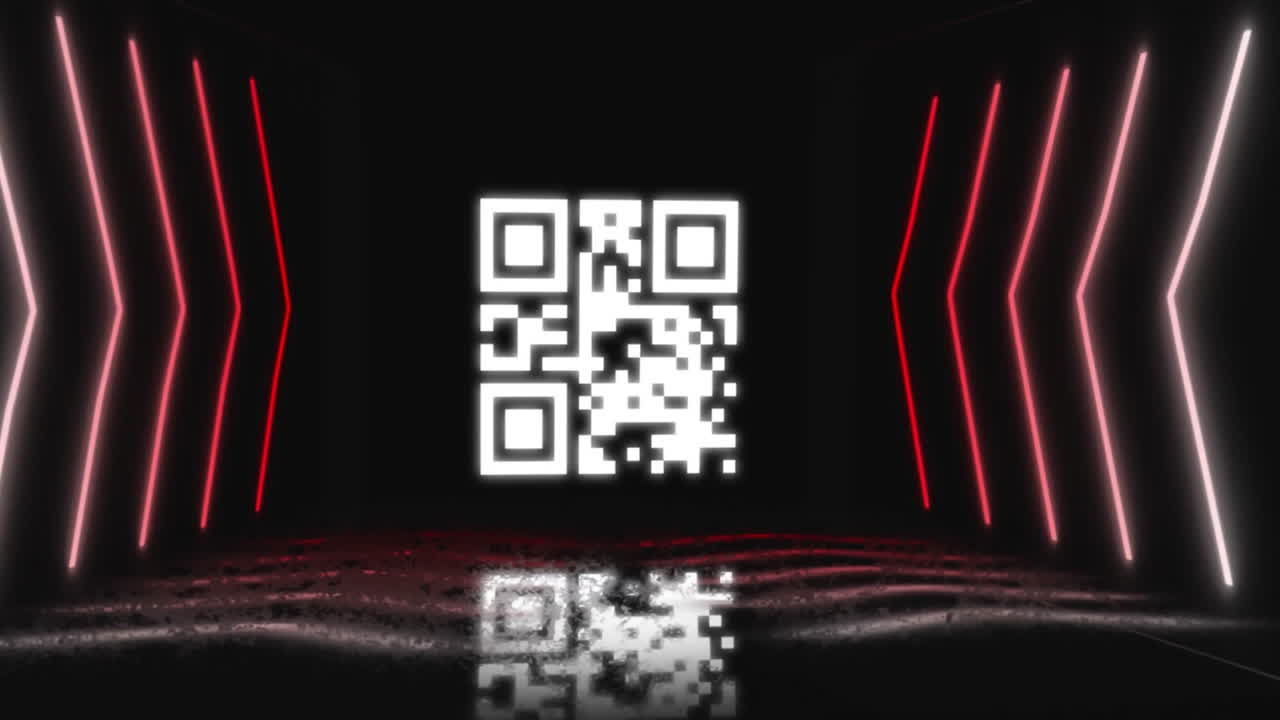 Glowing QR code animation over reflective surface with red neon lines