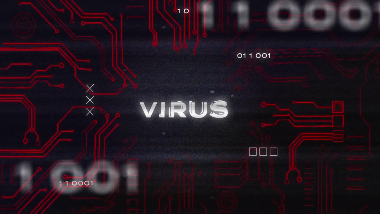 animación de interferencia sobre el texto del virus, el procesamiento de datos y la placa de circuitos informáticos