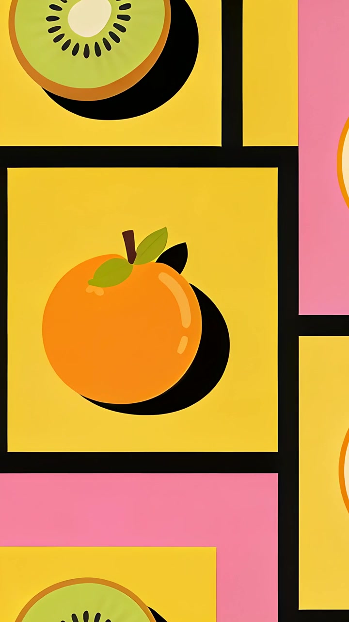Vertikal video: Skjermen panorerer over pop art-fliser, og avslører jordbær og sitron for å vise mønsteret.