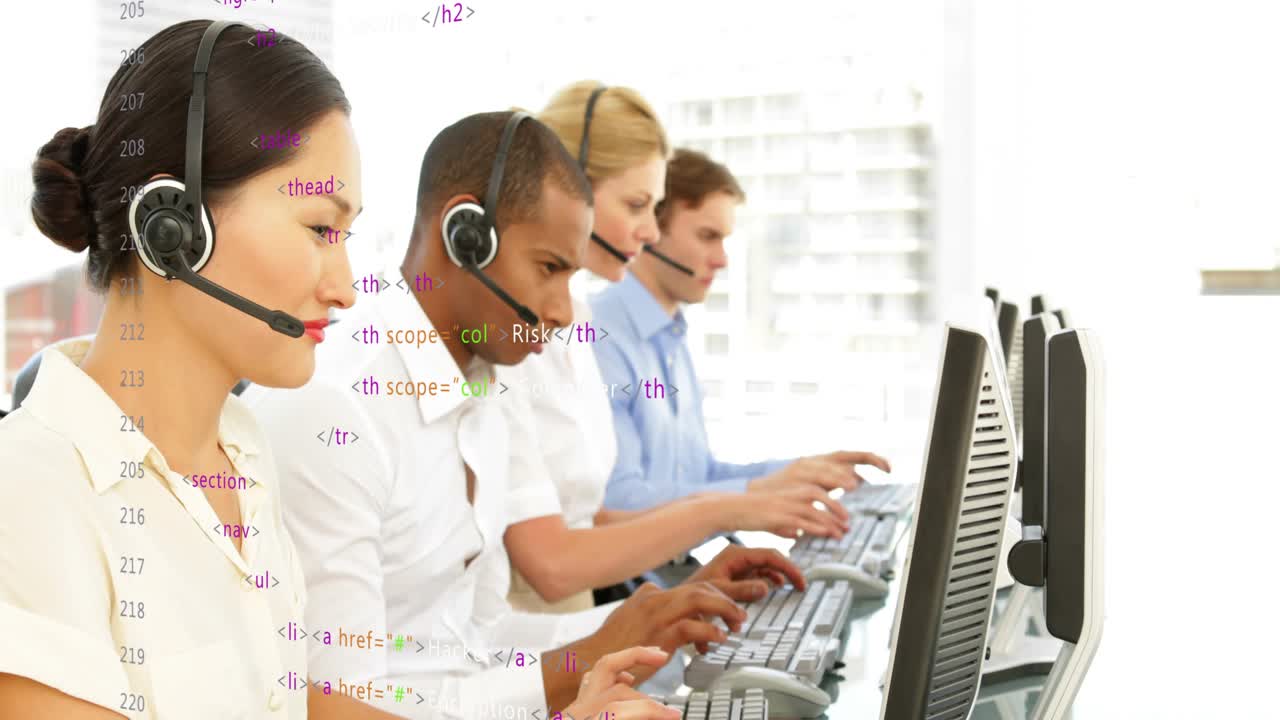 Four agents typing keys launching code overlay cycling HTML and cybersecurity terms for support