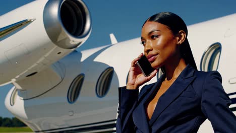 businesswoman on phone near private jet