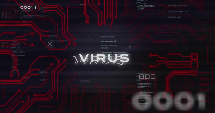 Digital Computer Virus Warning with Glitch Effect and Circuit Board Background