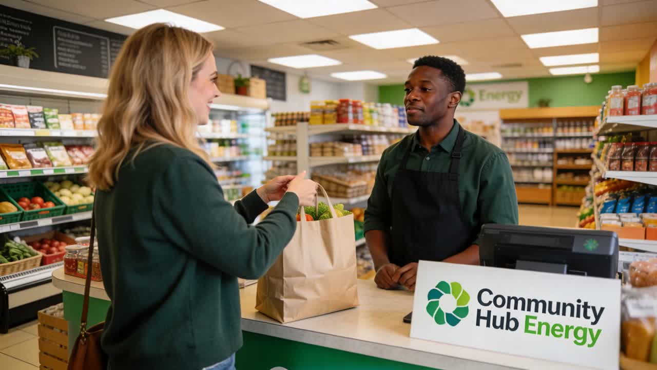 Caixa de avental pegando uma sacola de papel após a conclusão do pagamento em uma mercearia comunitária, com caixa registradora.