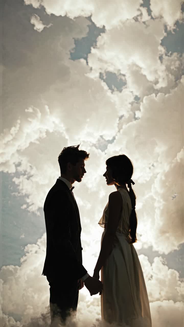 Silhouetted couple holding hands against a dramatic cloudy sky, captured from a low angle