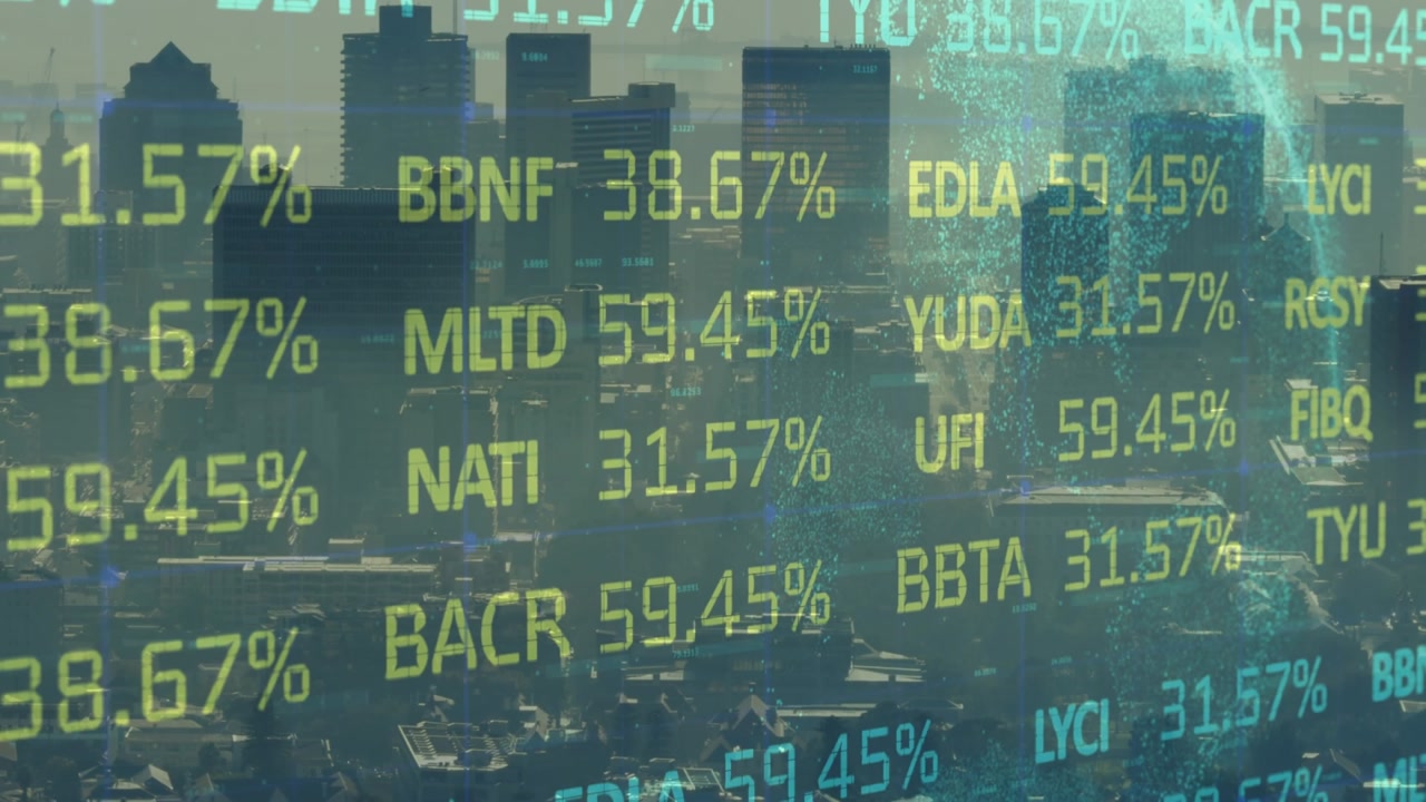 Animation of stock market data processing over globe against aerial view of cityscape