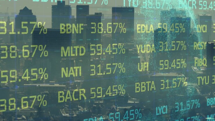 Animation of stock market data processing over globe against aerial view of cityscape