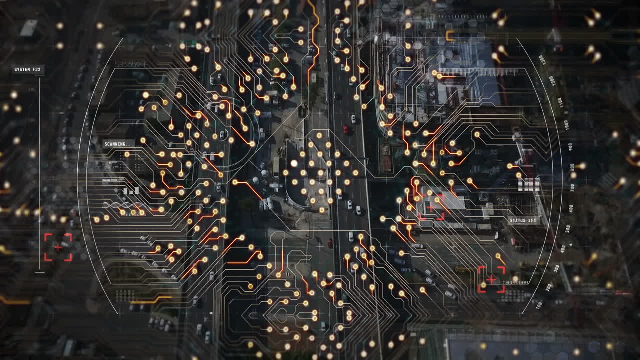 Animation of integrated circuit over road traffic and cityscape