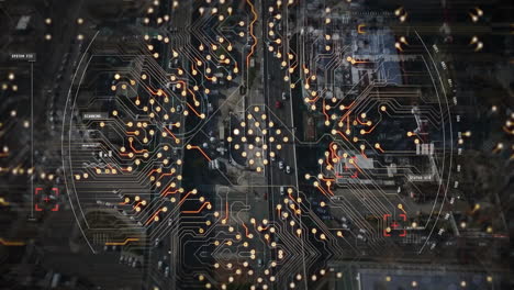 animation of integrated circuit over road traffic and cityscape