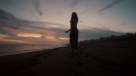 following a woman walking alone on sandy shore during sunset