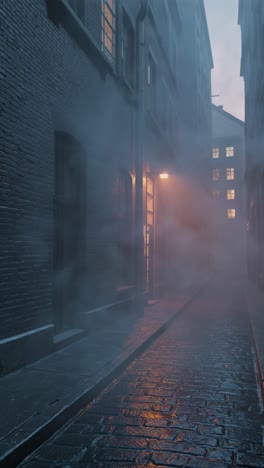 misty morning fog enveloping a wet cobblestone alley, illuminated by a solitary street light, creates a mysterious atmosphere with dark brick buildings lining both sides