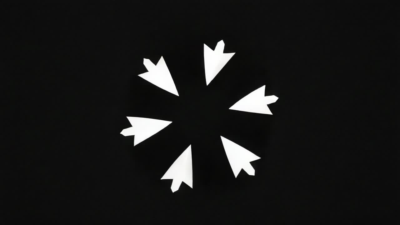 Rotating central shape completing clockwise revolution on black screen, with six white arrowheads