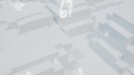 animation of white numbers and symbols falling over moving white blocks