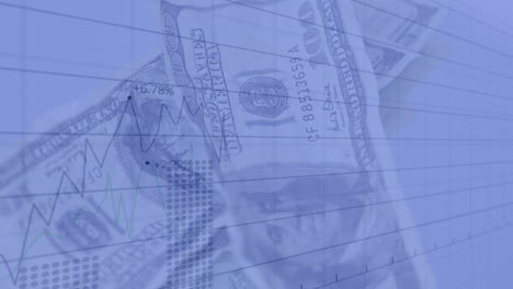 animación del procesamiento de datos financieros sobre billetes de dólares estadounidenses