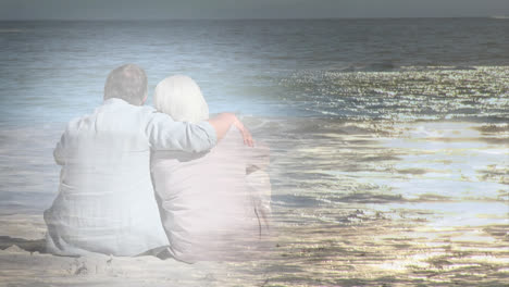 animation of glowing light over senior couple embracing by seaside