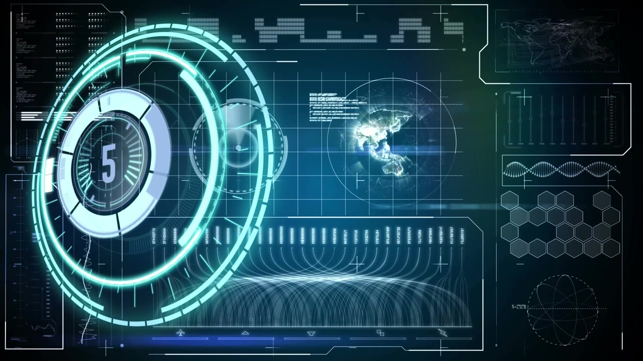 Animation of processing circle over screen with diverse data and globe