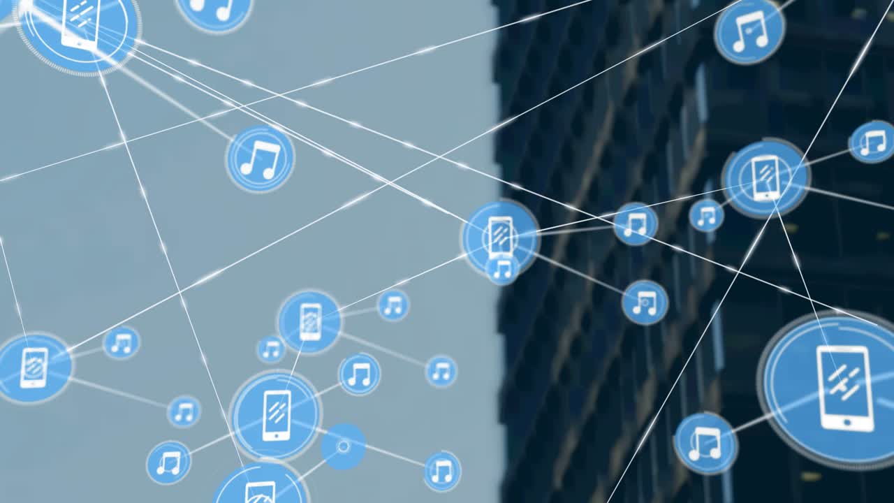 One phone icon popping near tower, growing tech network showing links, blue phones and music icons