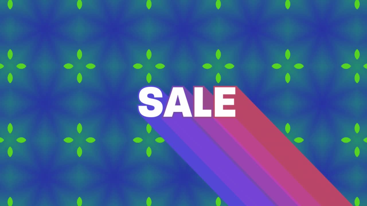 animación de texto de venta y formas sobre fondo azul