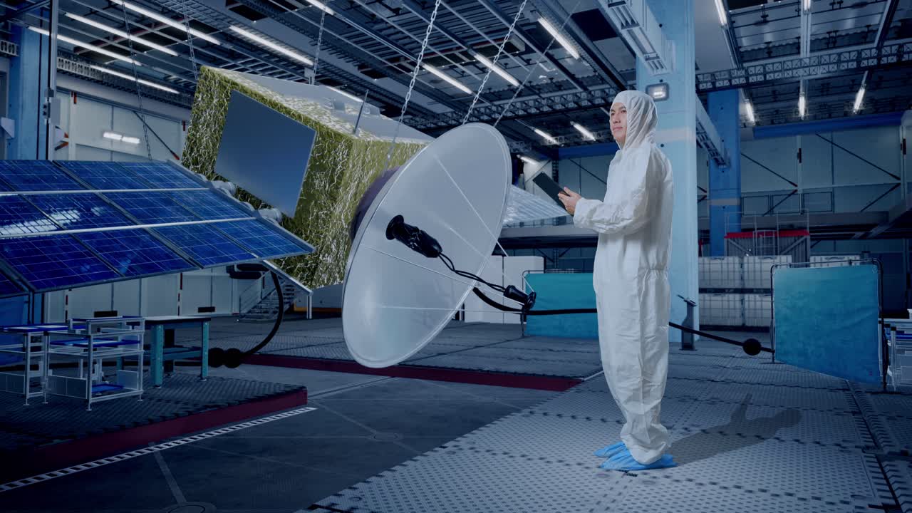 태블릿을 사용하고 우주선 건설에 서 있는 동안 주위를 둘러보는 아시아 남성 과학자의 전체 몸 측면 뷰