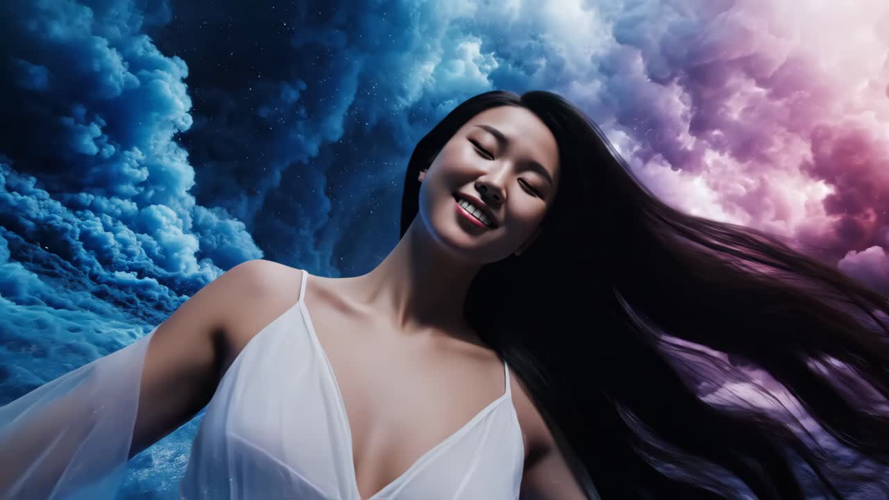 Ethereal Woman Amidst Celestial Clouds and Water