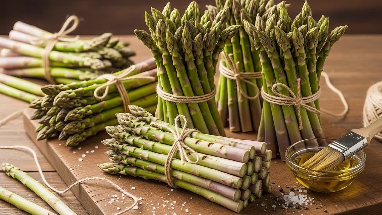 A Fresh Display of Bundled Asparagus Stalks Surrounded by Culinary Essentials, Perfect for Cooking and Healthy Dining Experiences