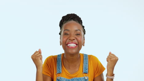 Excited-face,-dance-and-black-woman-celebrate