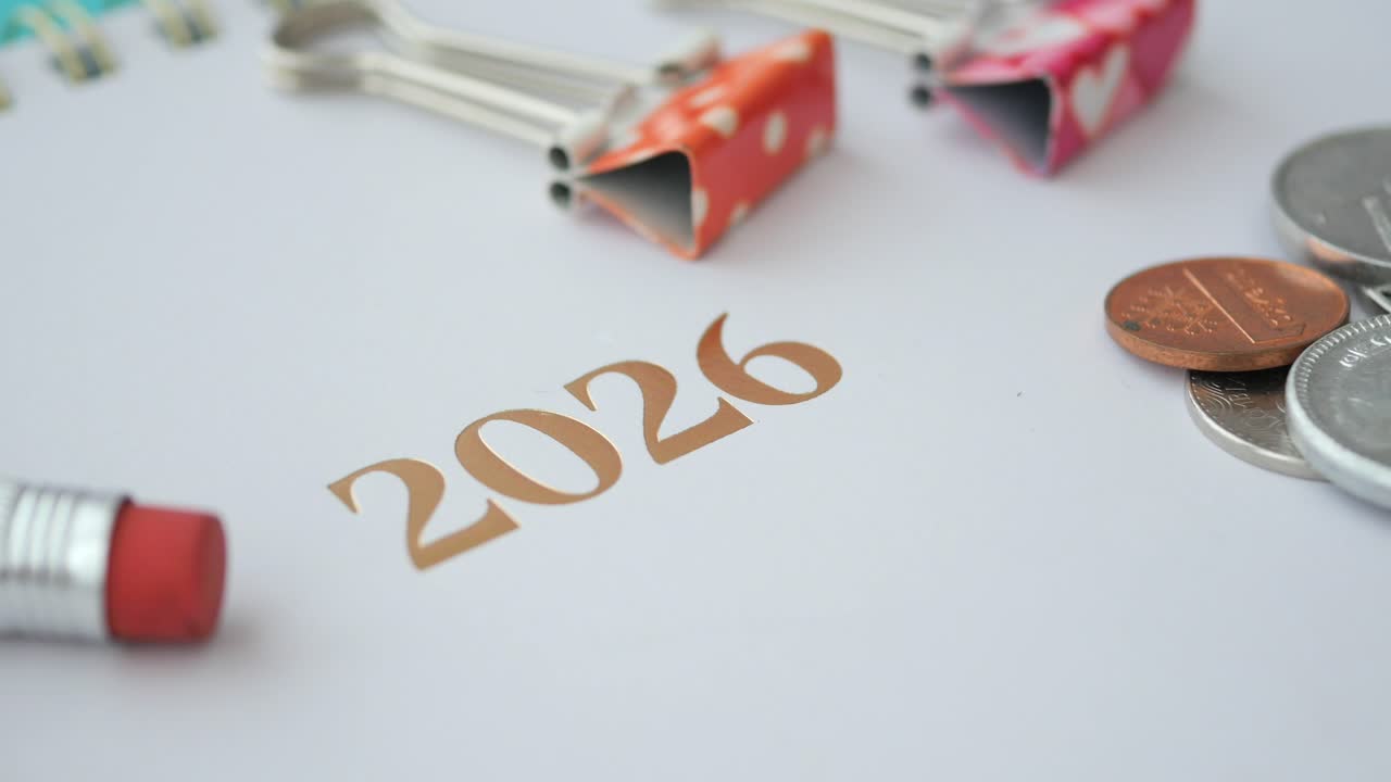 Immagine del 2026 con articoli per l'ufficio e monete