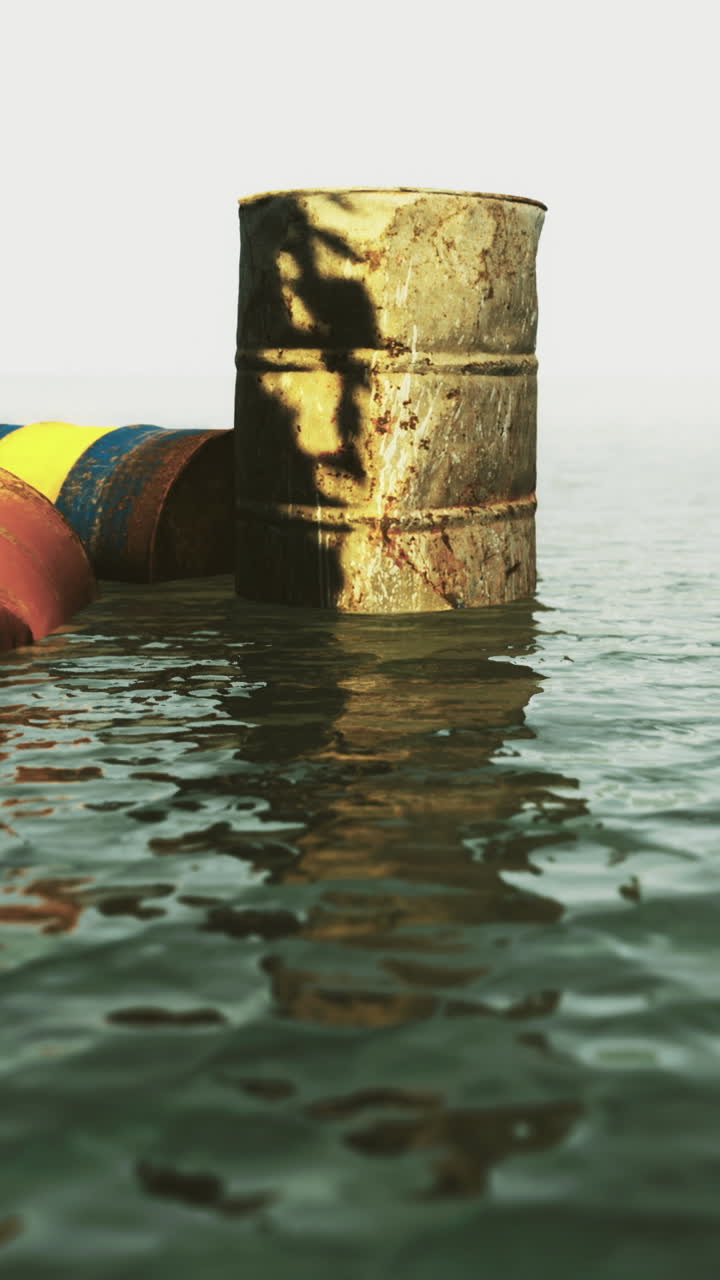 Rusty barrels floating on calm water at sunset with reflections