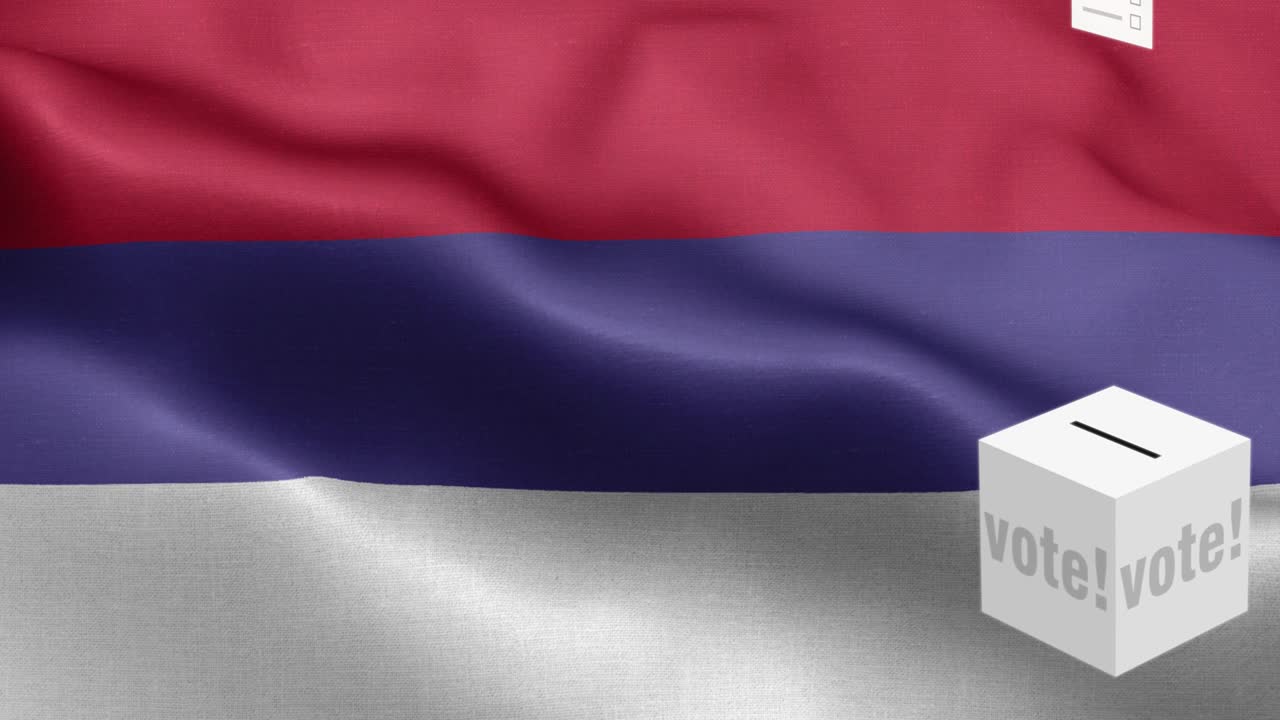 las papeletas de votación vuelan a la caja para la selección de la república srpska - caja de votación frente a la bandera - elección - voto - bandera de la república srpska - república srpska bandera de alto detalle - bandera nacional de la república sérpska patrón de ondas elementos loopable