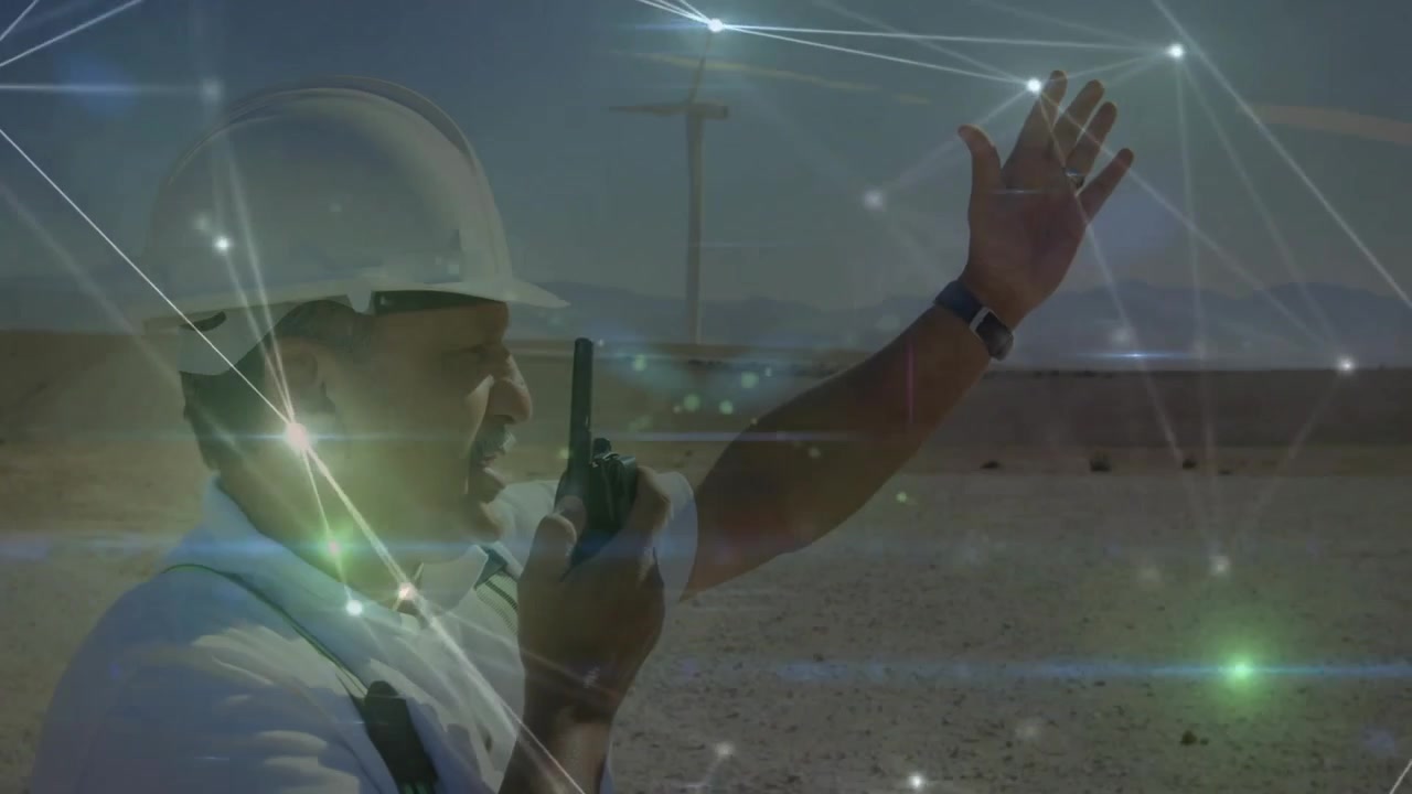 Upon lifting radio wind energy site engineer signaling turbine for inspection under network overlay