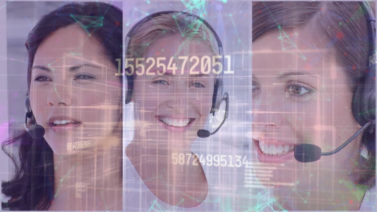 animación de redes de conexiones y números sobre personas de negocios que usan auriculares telefónicos