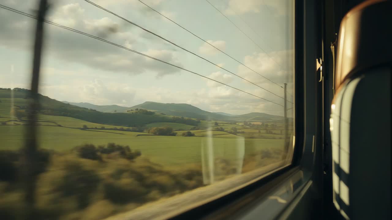 Accelerating train showing green fields sliding past window, cables and seat reflection