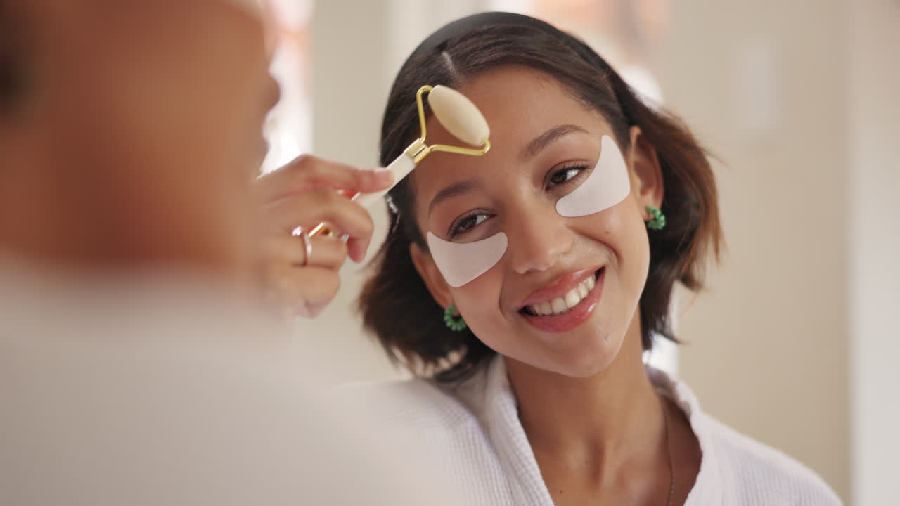 Woman using a face roller with eye patches on