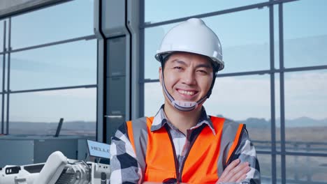 close up of asian male engineer with safety helmet standing in high tech factory, analyzing robotic machine concept. crossing his arms and smiling to camera