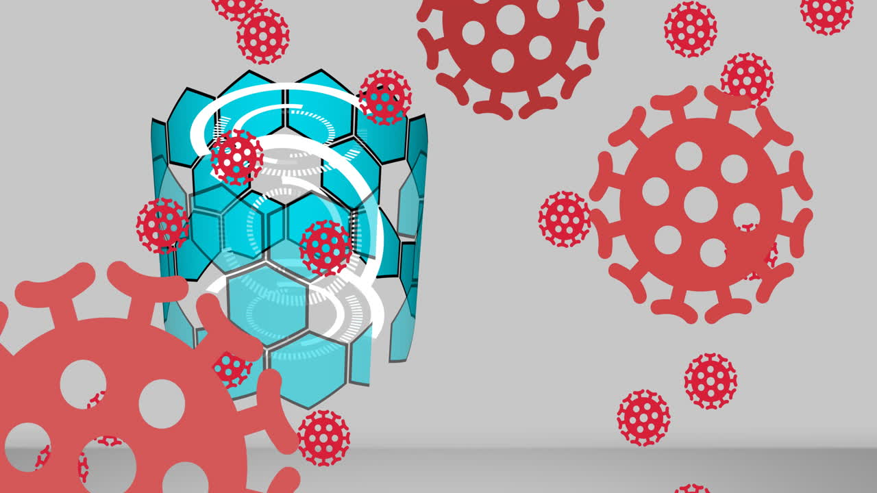 회색 배경에서 회전하는 추상적인 육각형 모양 위에 떠다니는 여러 개의 코로나19 세포 아이콘