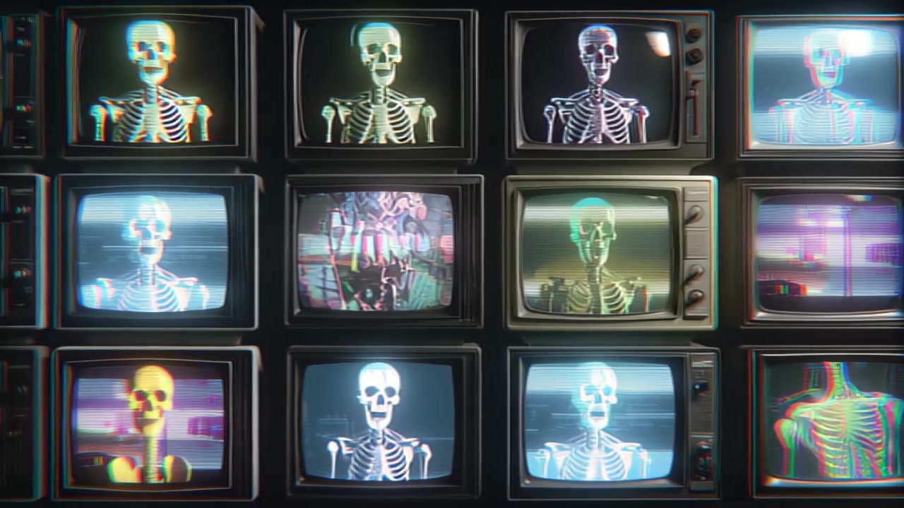 Footage of multiple vintage CRT televisions displaying human skeleton X-ray style visuals with glitch distortion, scanlines, and noise, creating a surreal tech background