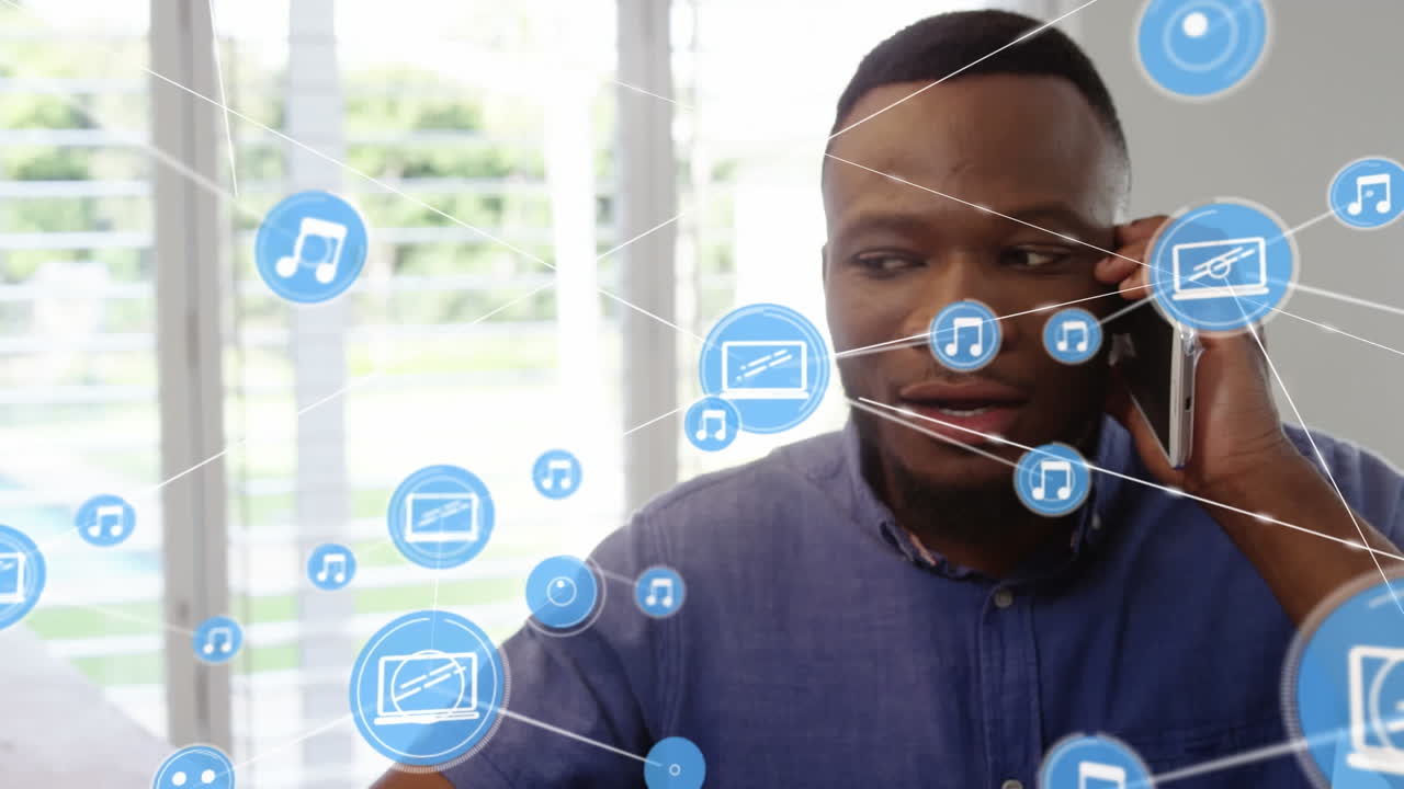 Animation of african american man talking on smartphone over network of connections with icons