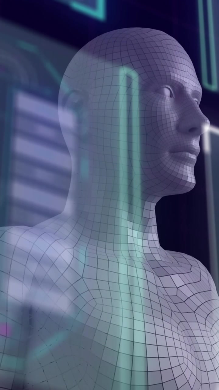 Animation of digital human over data processing on black background