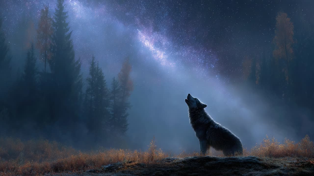 A Majestic Wolf Howls Under the Starry Night Sky, Capturing the Essence of Wilderness and the Beauty of the Cosmic Universe