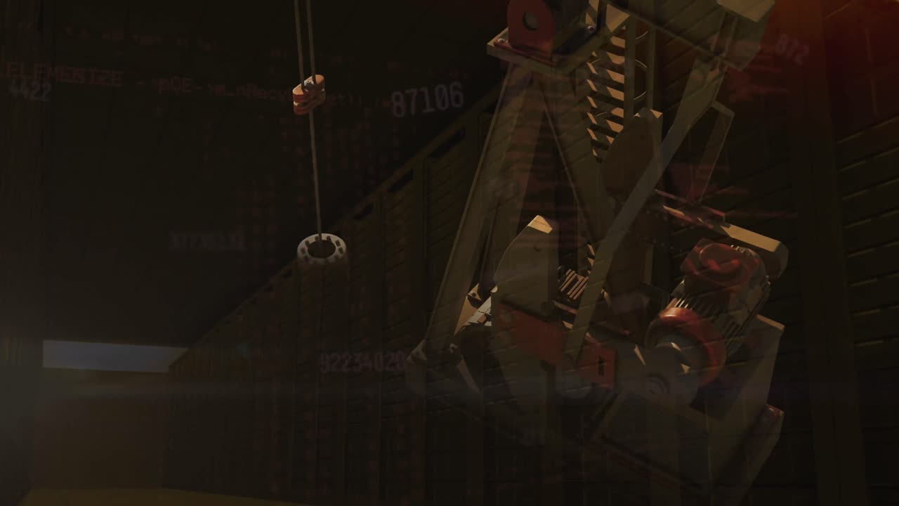 animación del procesamiento de datos sobre el mecanismo de una máquina de trabajo contra el cielo al atardecer