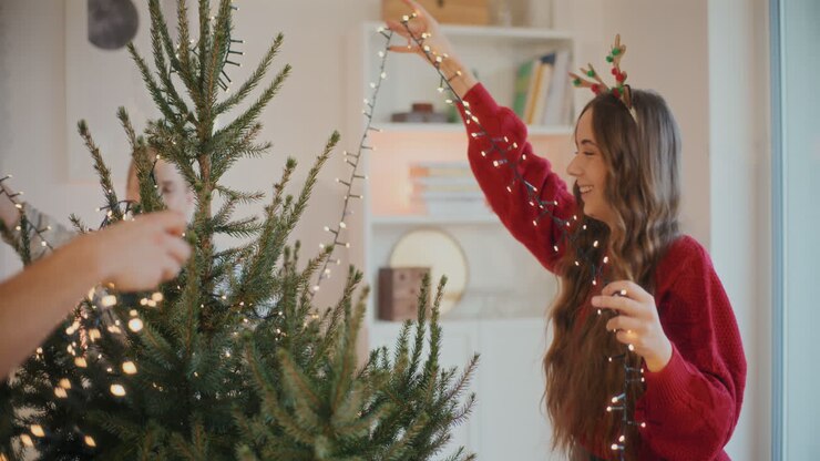 молодые друзья регулируют огни на рождественской елке