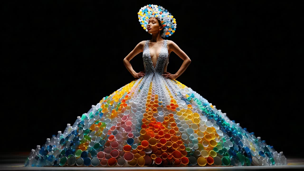 A Stunning Fashion Statement Displaying Environmental Awareness: A Model Adorned in a Vibrant Gown Constructed from Recycled Plastics, Merging Art and Sustainability Aesthetically