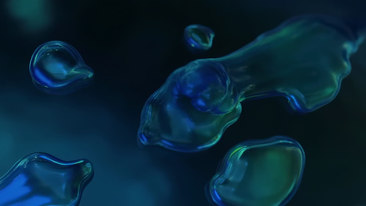 Abstract Liquid Drops Merging and Flowing in Blue and Green Hues