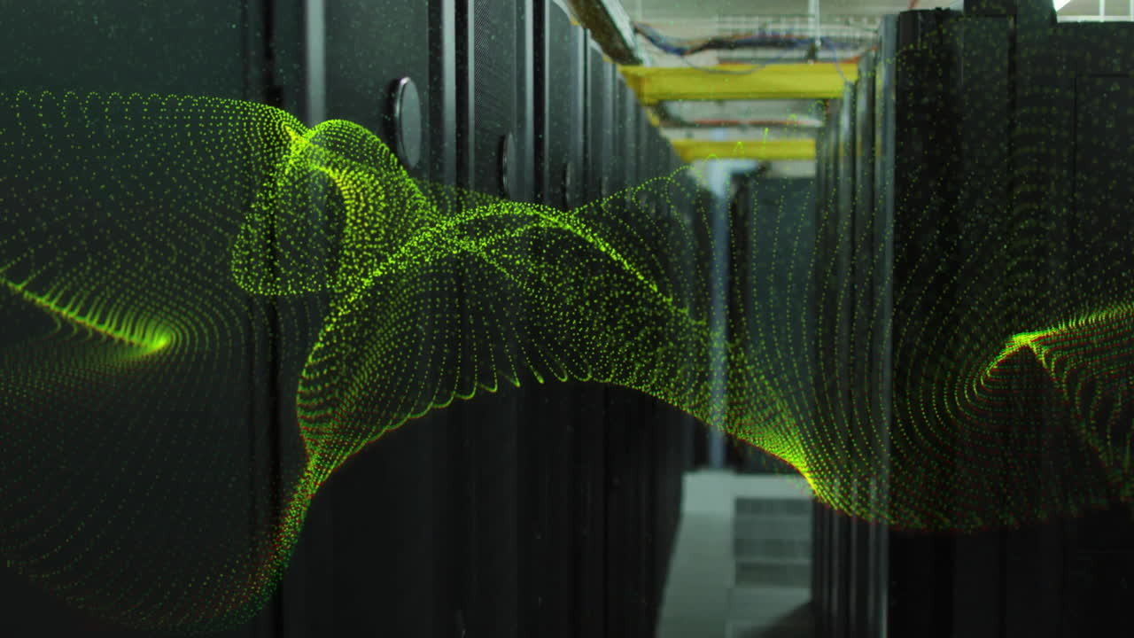 Animation of yellow network wave moving over dark computer server room