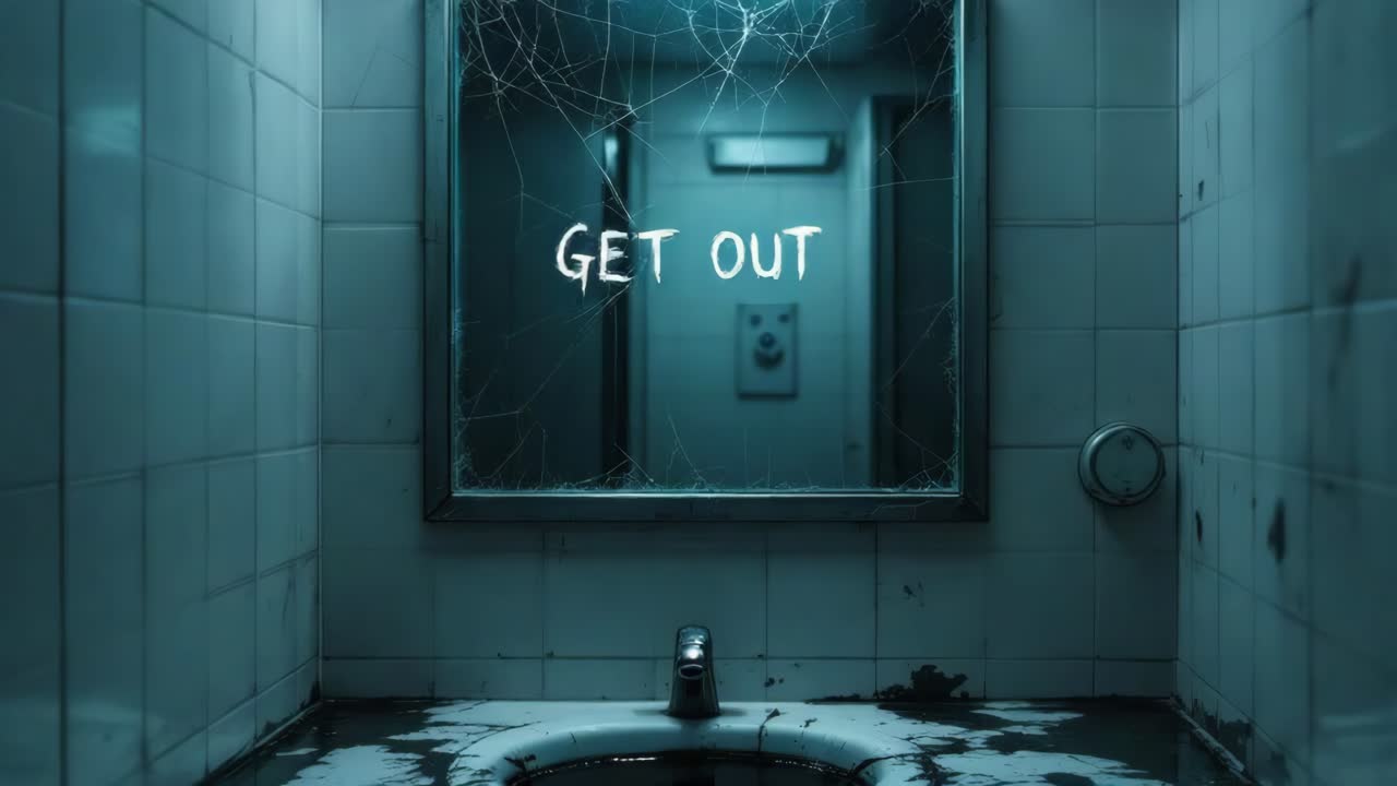 Eerie bathroom scene with illuminated mirror displaying haunting message and cobwebs