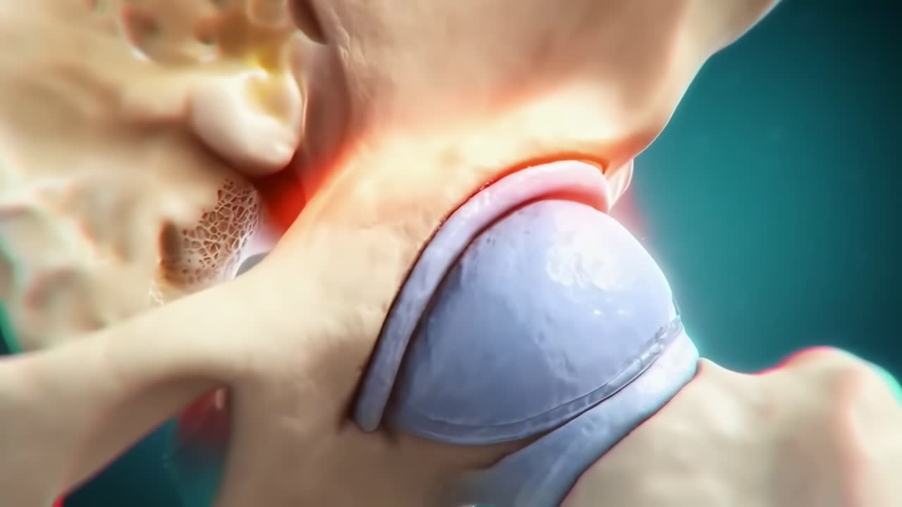 3D medicinsk video af et hofteled fra siden, der fremhæver betændelse i levende detaljer