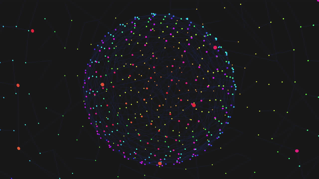 Circular arrangement of floating dots in purple, pink, and blue on black background