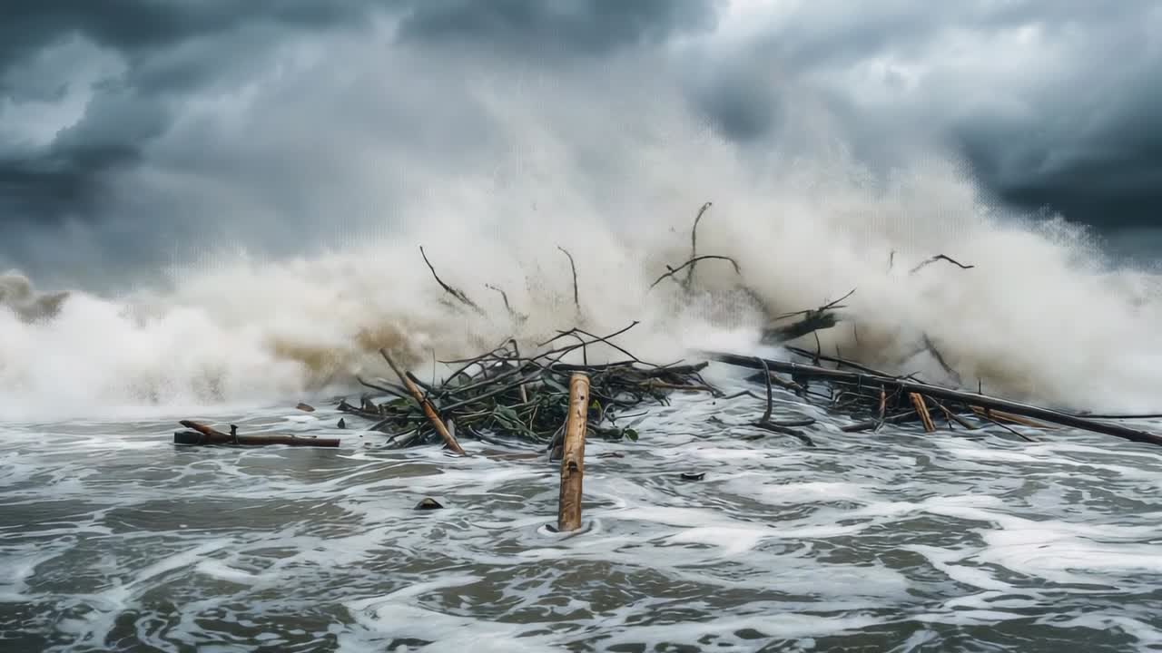Storm clouds gathering driving swell sending wave crashing over driftwood in shallow surf with foam