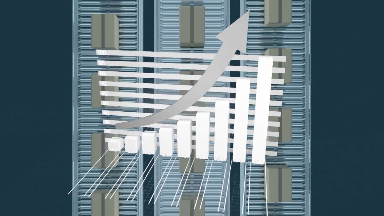 컨베이어 벨트에 있는 카드보드 상자 위에서 통계 처리의 애니메이션