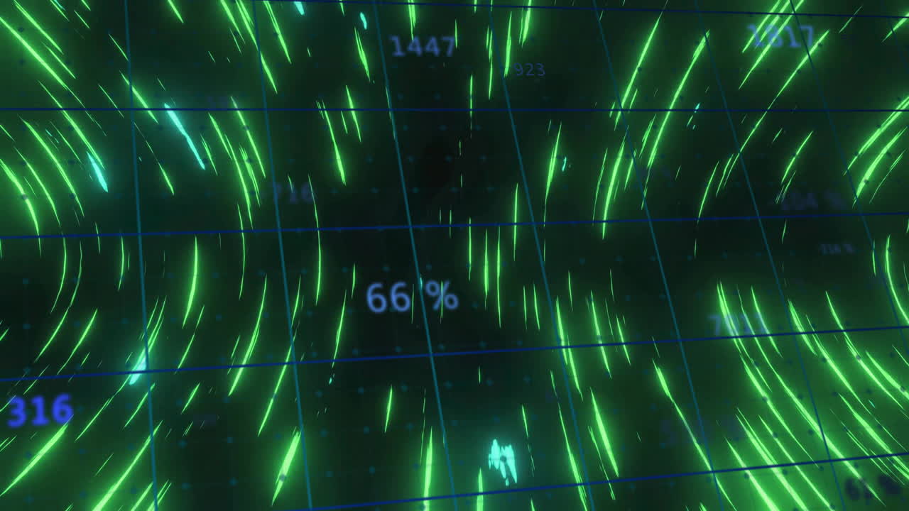 Animation of green light streaks with percentage data overlay on dark background